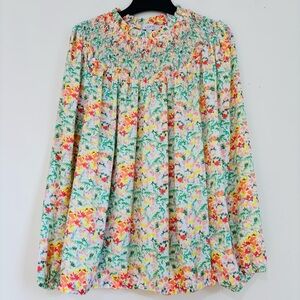 LOFT Boho Yellow Green Floral pink long sleeve mock neck pleated retro blouse XL